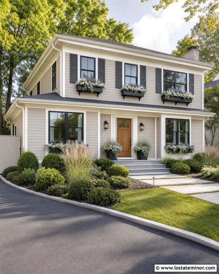 Greige House With Charcoal Window Boxes - 30 Beige House Design With Window Boxes Ideas