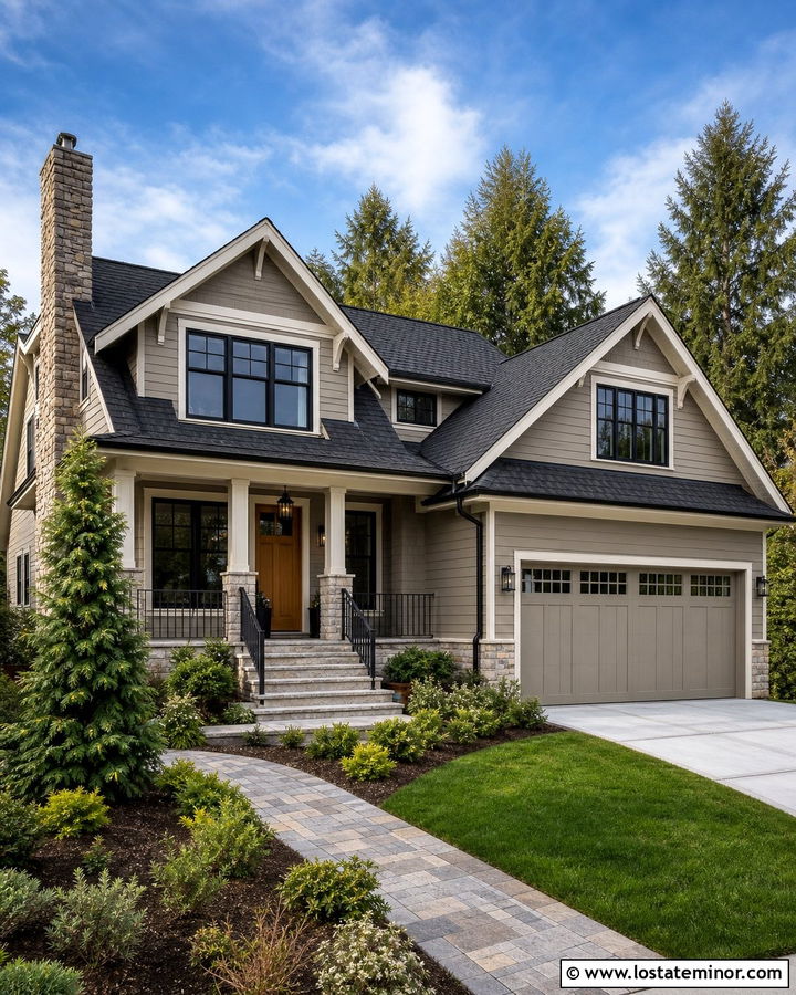 Greige House With Chimney And Black Roof - 30 Greige House Design With Chimney Ideas