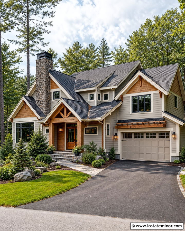 Greige House With Chimney And Cedar Accents - 30 Greige House Design With Chimney Ideas