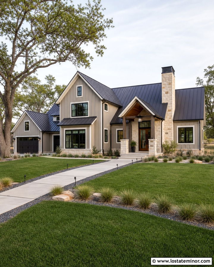 Greige House With Chimney And Metal Roof - 30 Greige House Design With Chimney Ideas