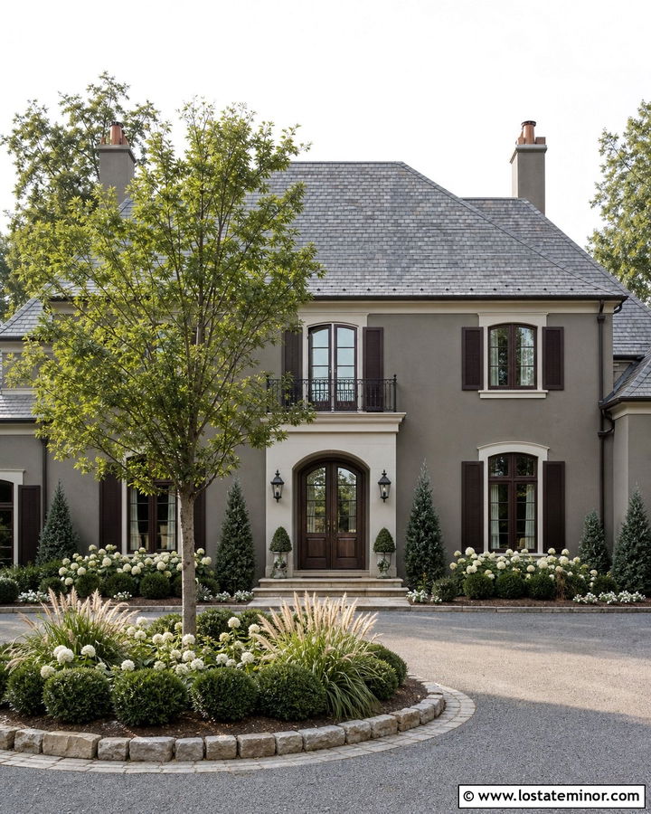 Greige House With Circular Driveway Garden - 30 Greige House Design With Front Yard Ideas