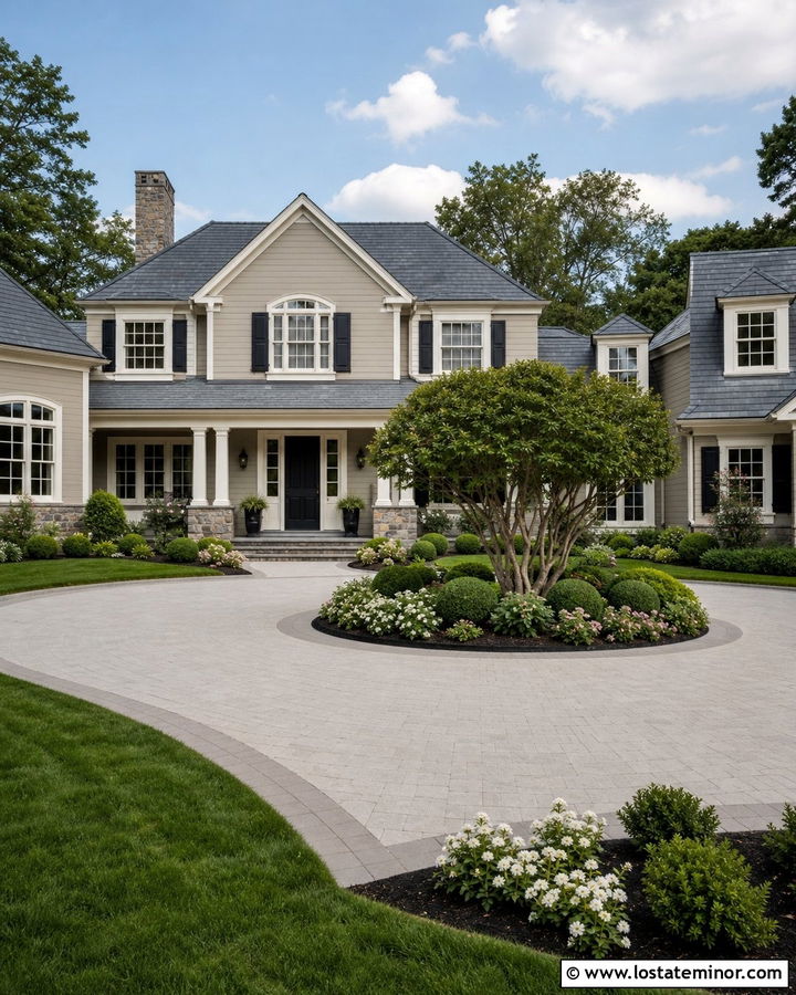 Greige House With Circular Driveway - 30 Greige House Design With Driveway Ideas