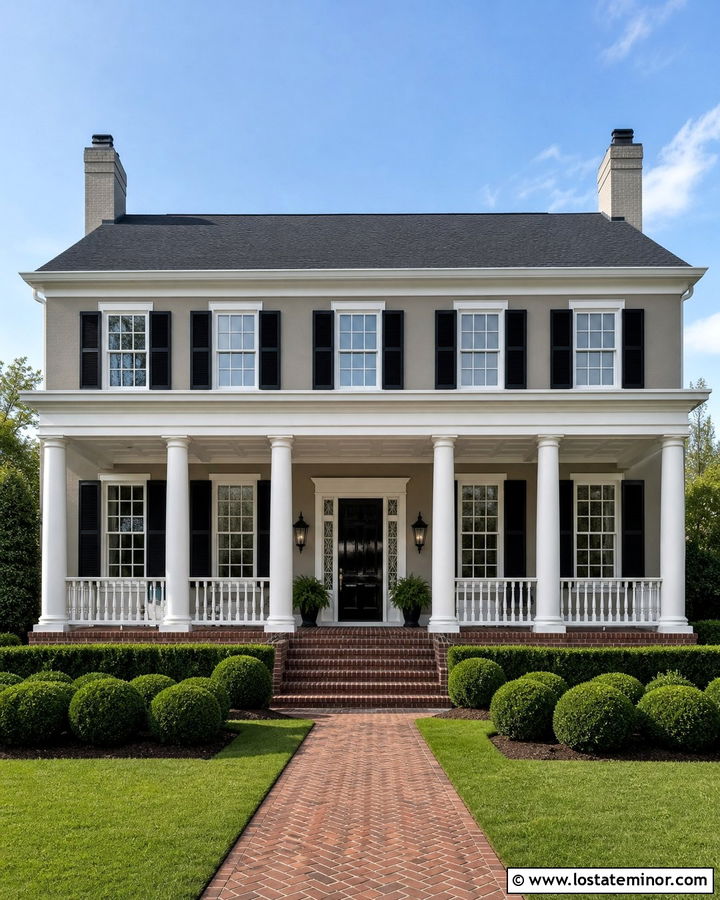 Greige House With Coffered White Porch Ceiling - 30 Greige House Design With Porch Ceiling Ideas