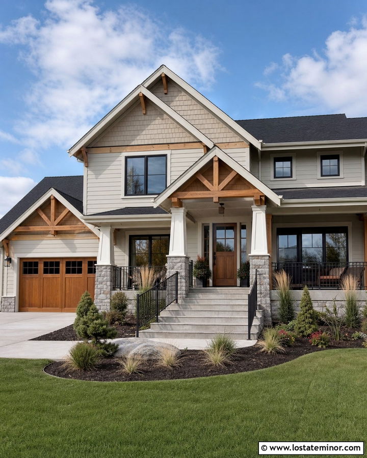 Greige House With Columns And Cedar Accents - 30 Greige House Design With Porch Columns Ideas