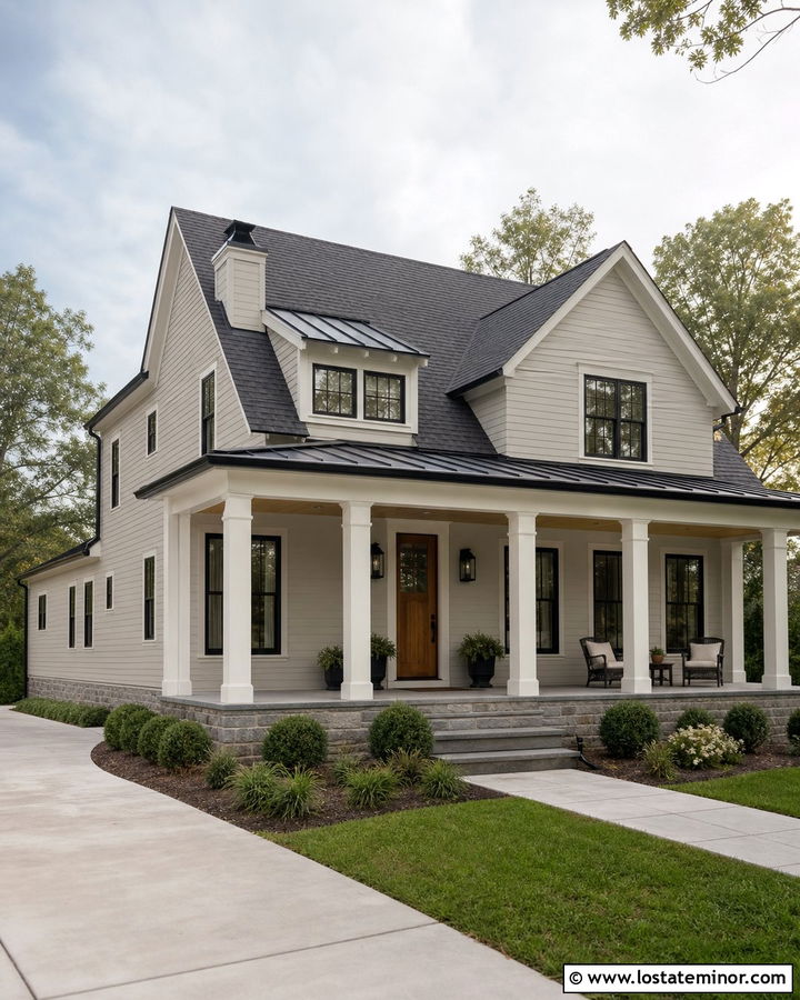 Greige House With Columns And Metal Roof - 30 Greige House Design With Porch Columns Ideas