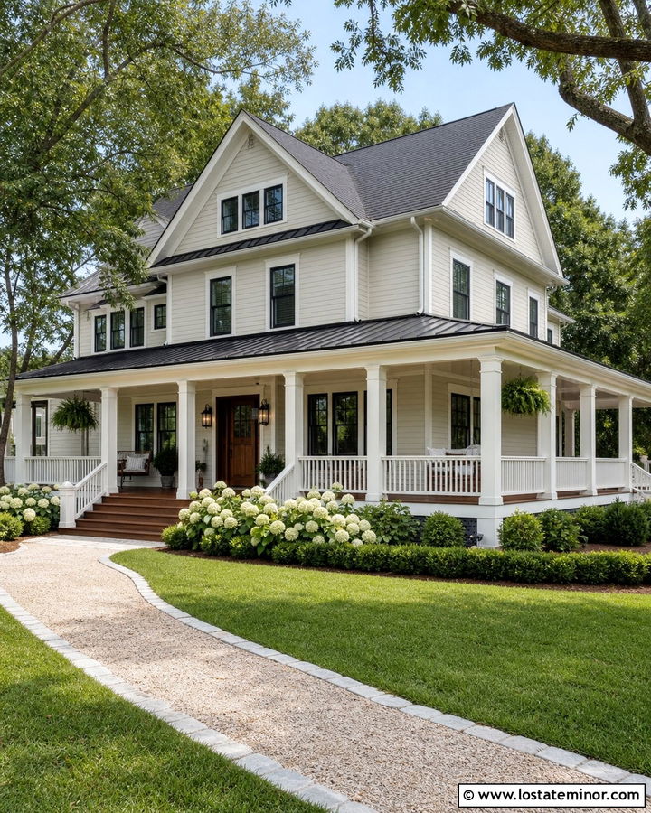 Greige House With Columns And Wraparound Porch - 30 Greige House Design With Porch Columns Ideas
