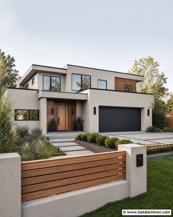 Greige House With Concrete And Wood Fence - 30 Greige House Design With Fence Ideas