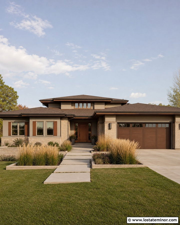 Greige House With Copper Brown Shutters - 30 Greige House Design With Shutters Ideas