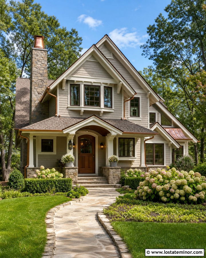 Greige House With Copper Chimney Cap - 30 Greige House Design With Chimney Ideas
