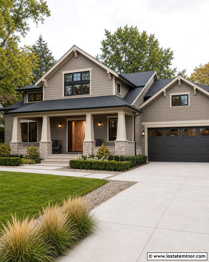 Greige House With Copper Entry Door - 30 Greige House Design With Entry Door Ideas