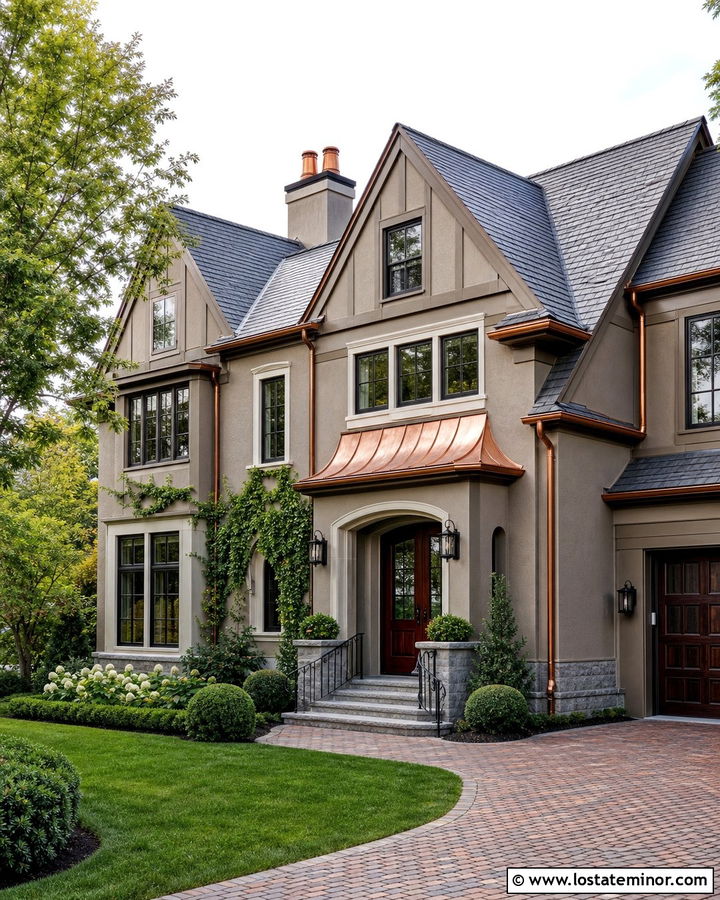 Greige House With Copper Gutters And Mahogany Door - 30 Greige House Design With Accents Ideas