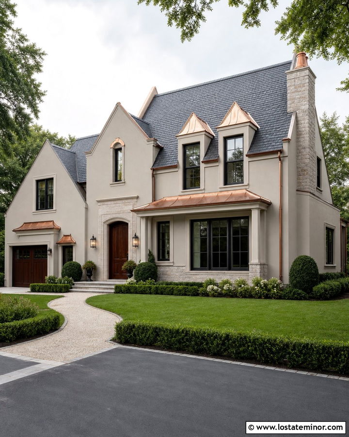 Greige House With Copper Roof Dormers - 30 Greige House Design With Dormers Ideas