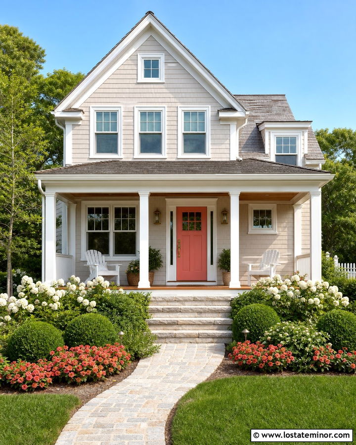 Greige House With Coral Front Door - 30 Greige House Design With Front Door Ideas