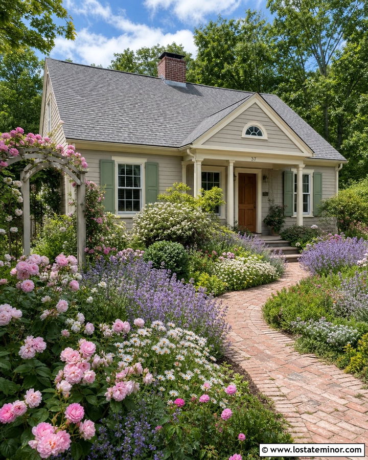 Greige House With Cottage Garden Landscaping - 30 Greige House Design With Landscaping Ideas