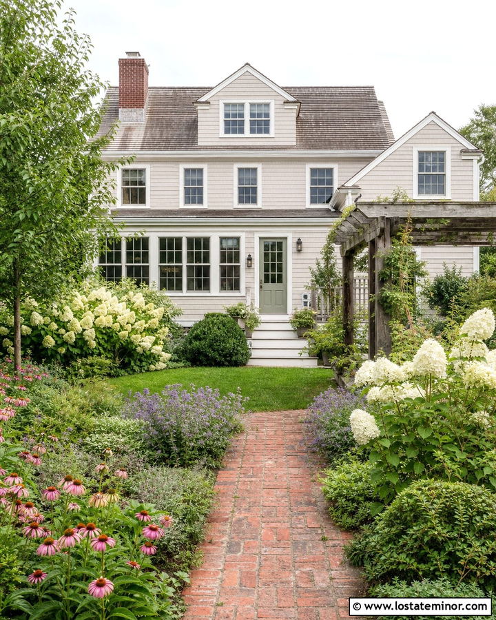Greige House With Cottage Garden - 30 Greige House Design With Backyard Ideas