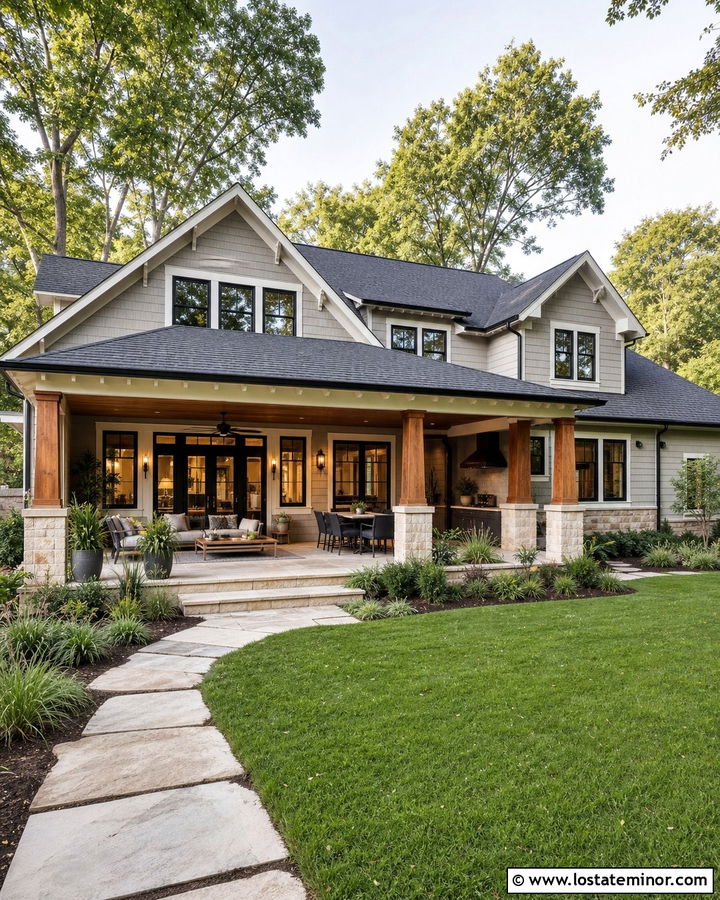 Greige House With Covered Patio - 30 Greige House Design With Backyard Ideas