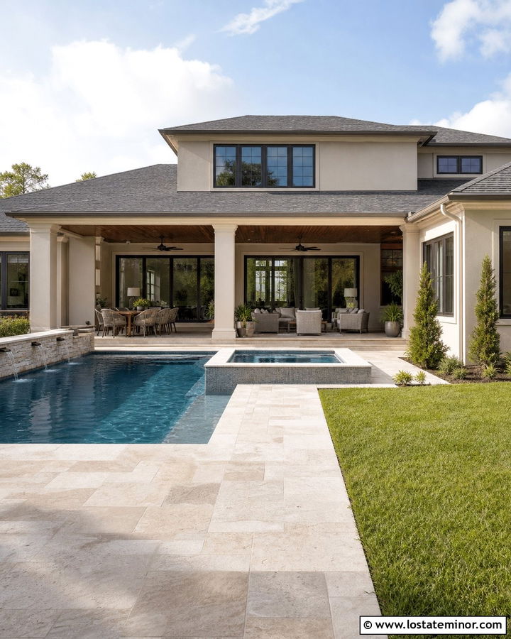Greige House With Covered Pool Patio - 30 Greige House Design With Swimming Pool Ideas
