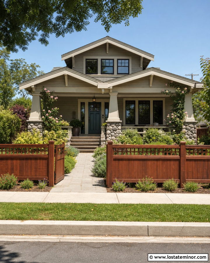 Greige House With Craftsman Lattice Fence - 30 Greige House Design With Fence Ideas