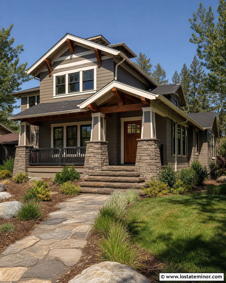 Greige House With Craftsman Stone Steps - 30 Greige House Design With Steps Ideas
