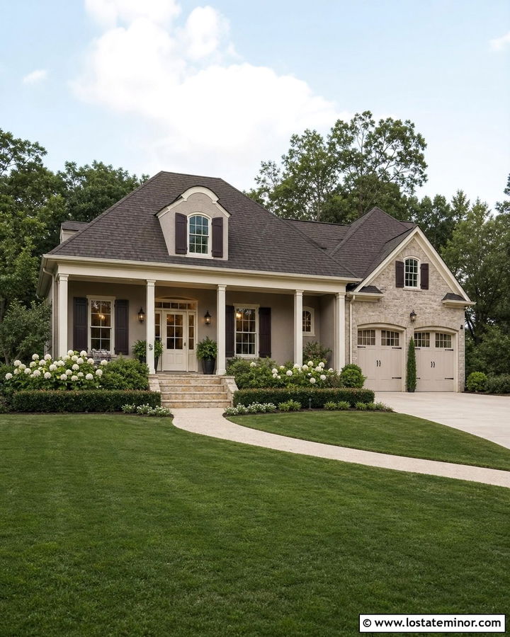 Greige House With Cream Entry Door - 30 Greige House Design With Entry Door Ideas