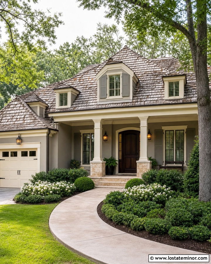 Greige House With Cream Porch Columns - 30 Greige House Design With Porch Columns Ideas
