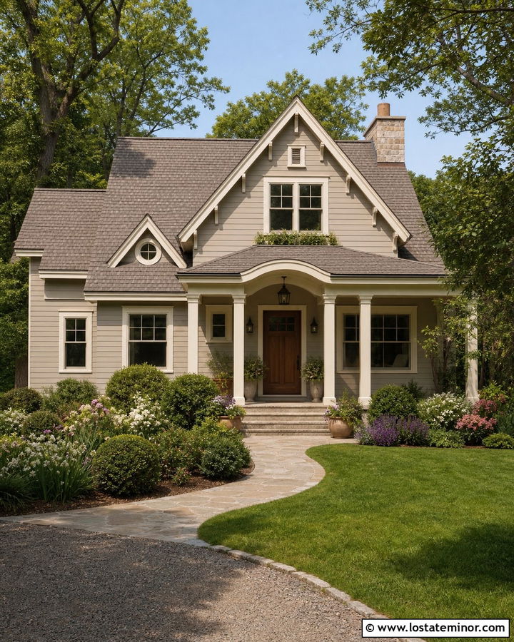 Greige House With Cream Portico Trim - 30 Greige House Design With Portico Ideas