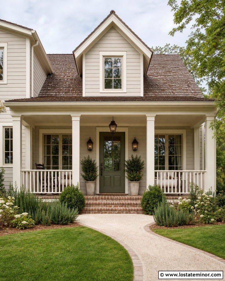 Greige House With Cream Shiplap Porch Ceiling - 30 Greige House Design With Porch Ceiling Ideas