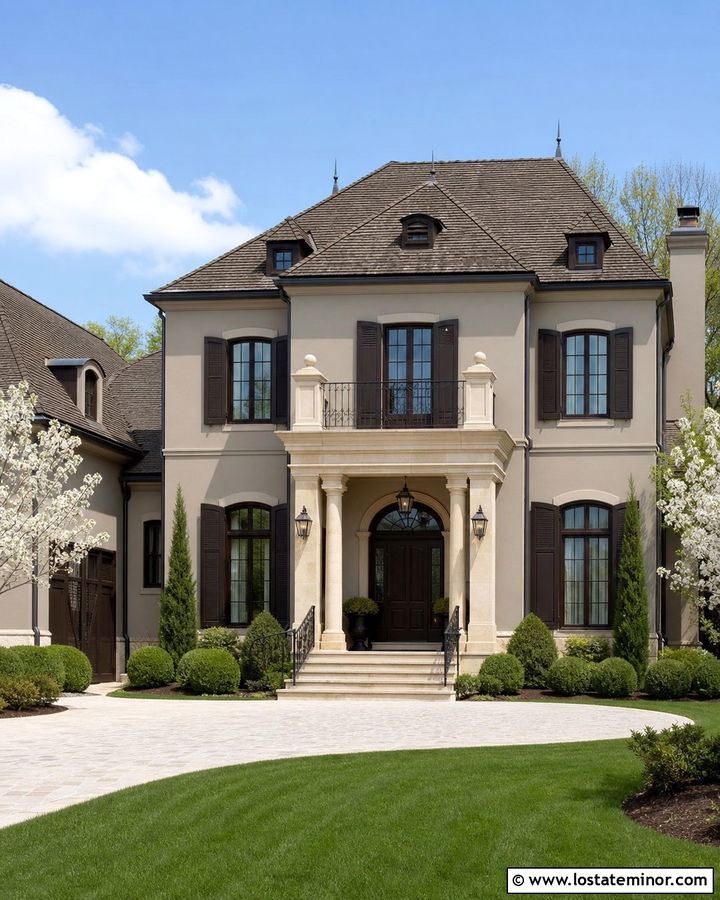 Greige House With Cream Stone And Espresso Accents - 30 Greige House Design With Accents Ideas