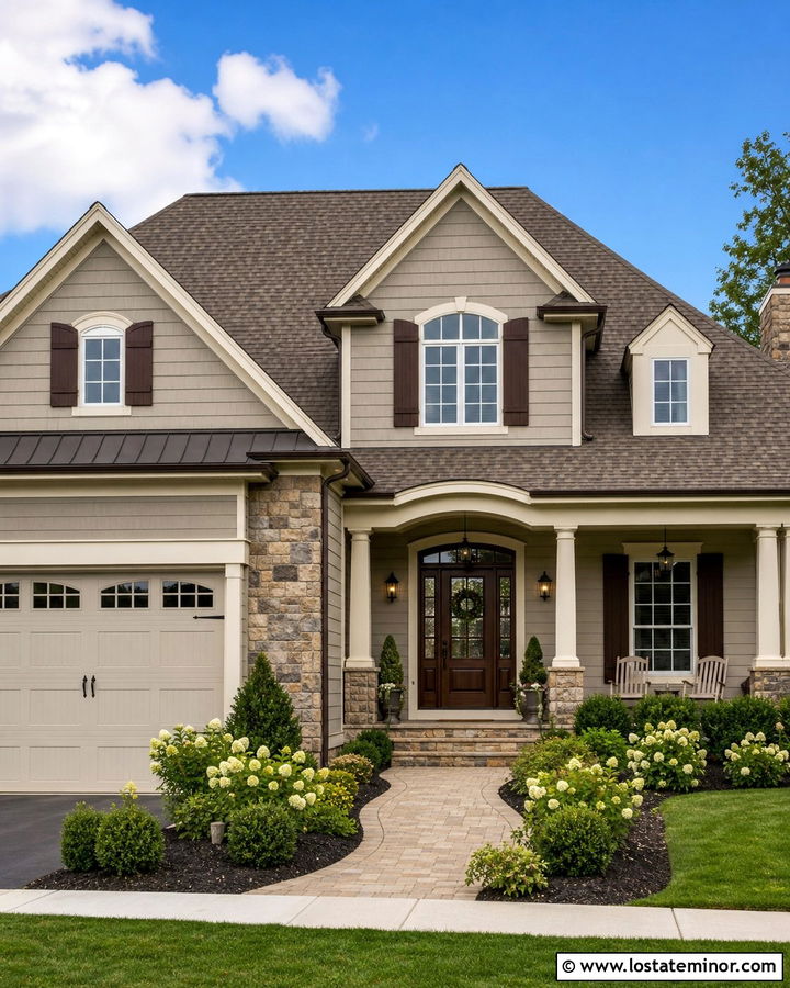 Greige House With Cream Trim And Brown Roof - 30 Greige House Design With Gables Ideas