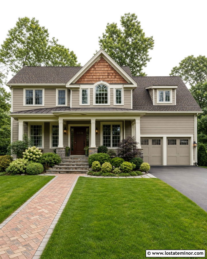 Greige House With Cream Trim And Cedar Shakes - 30 Greige House Design With Cedar Shake Ideas