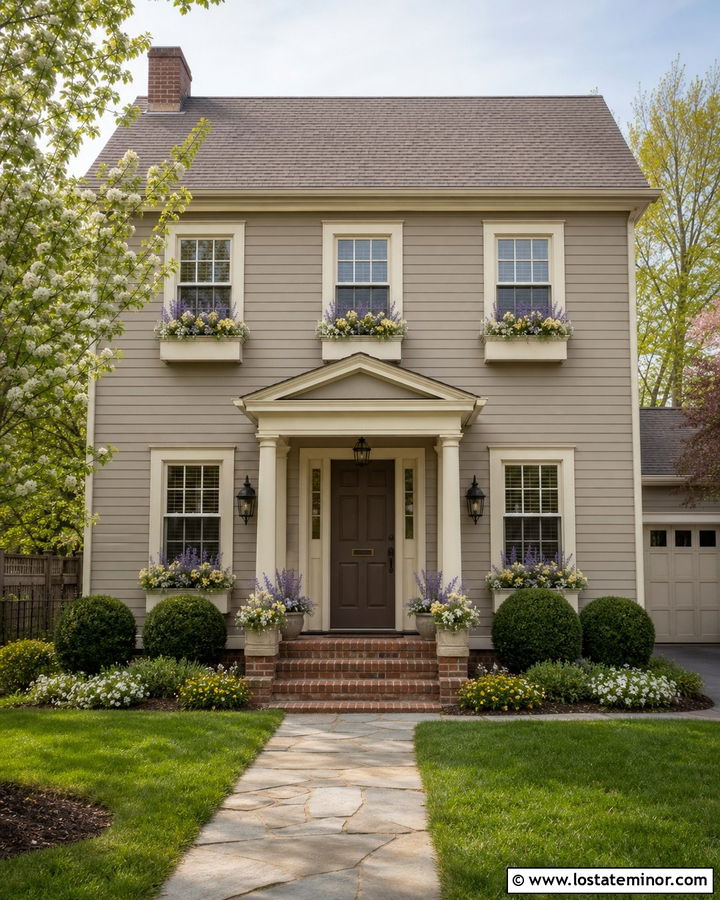 Greige House With Cream Trim And Window Boxes - 30 Greige House Design With Window Boxes Ideas
