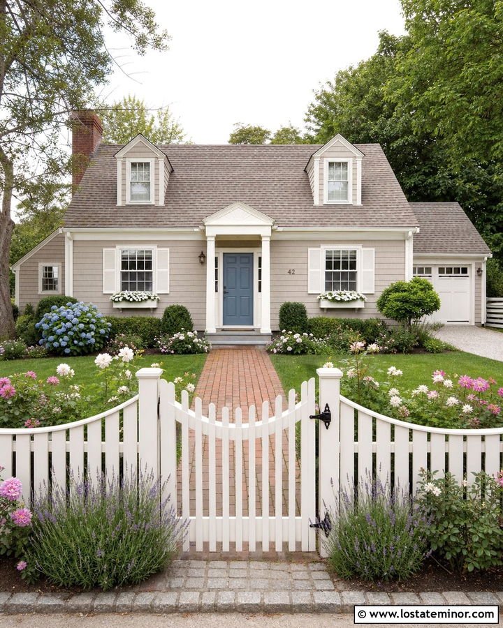 Greige House With Curved Picket Fence - 30 Greige House Design With Fence Ideas