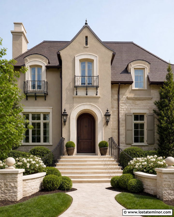 Greige House With Curved Stone Steps - 30 Greige House Design With Steps Ideas