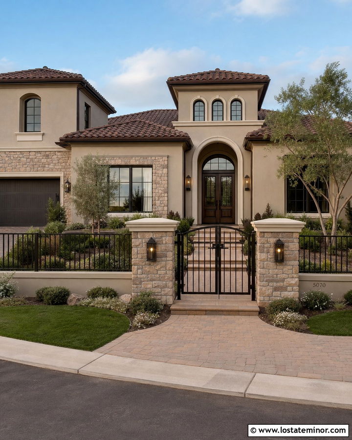 Greige House With Dark Bronze Fence - 30 Greige House Design With Fence Ideas