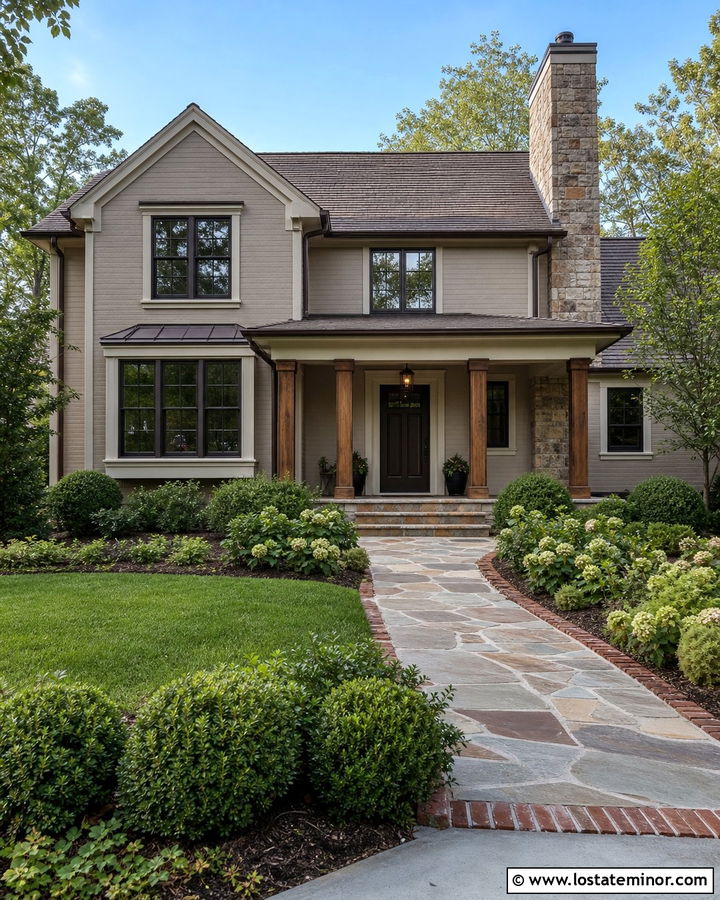 Greige House With Dark Brown Front Door - 30 Greige House Design With Front Door Ideas