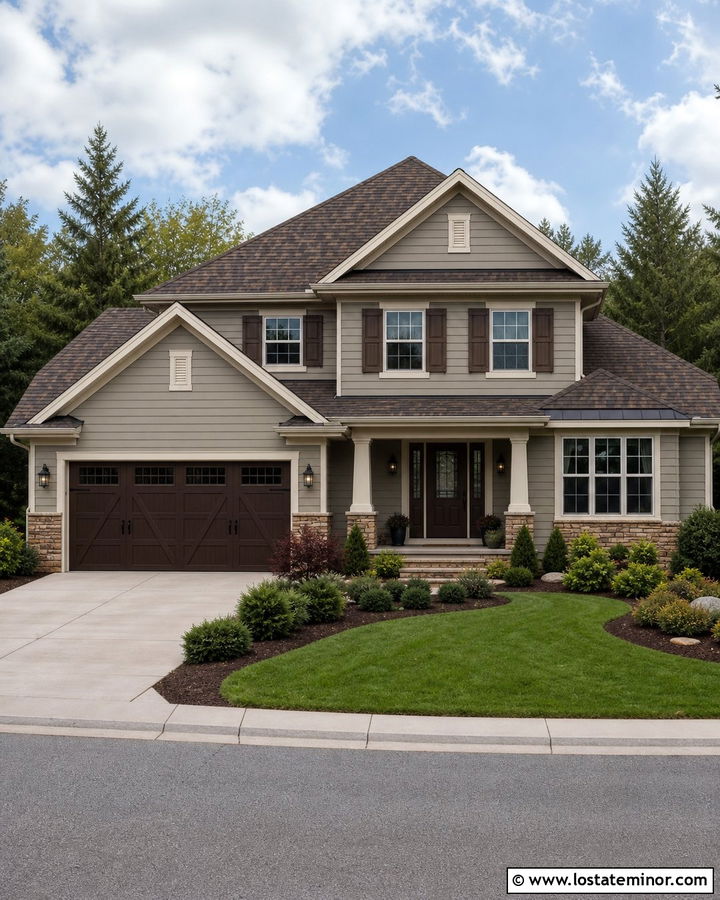 Greige House With Dark Brown Garage Door - 30 Greige House Design With Garage Door Ideas