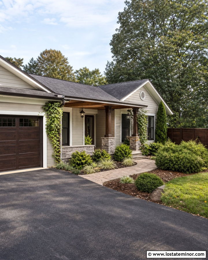 Greige House With Dark Brown Wood Fence - 30 Greige House Design With Fence Ideas