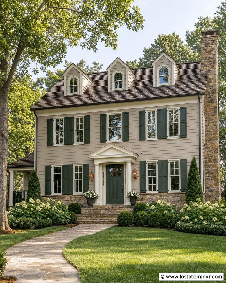 Greige House With Dark Green Shutters - 30 Greige House Design With Shutters Ideas