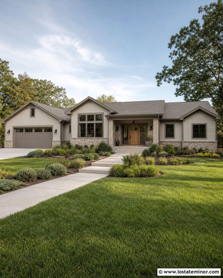 Greige House With Dark Greige Trim And Oak Door - 30 Greige House Design With Accents Ideas