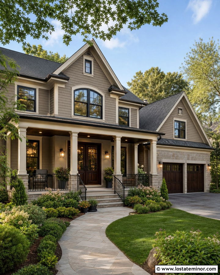 Greige House With Dark Wood Porch Ceiling - 30 Greige House Design With Porch Ceiling Ideas