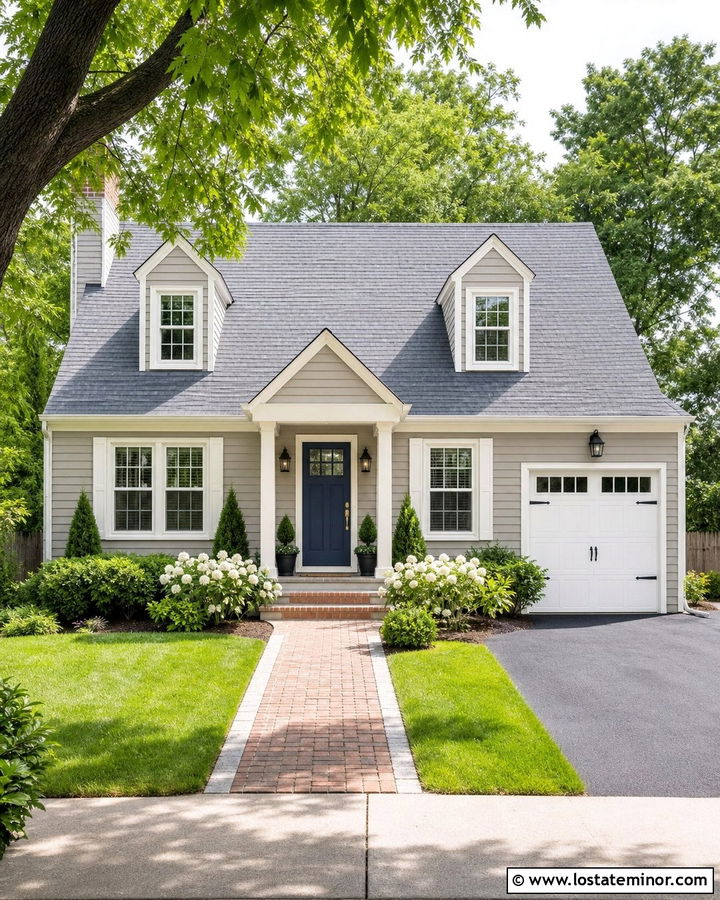 Greige House With Deep Blue Door And White Trim - 30 Greige House Design With Accents Ideas