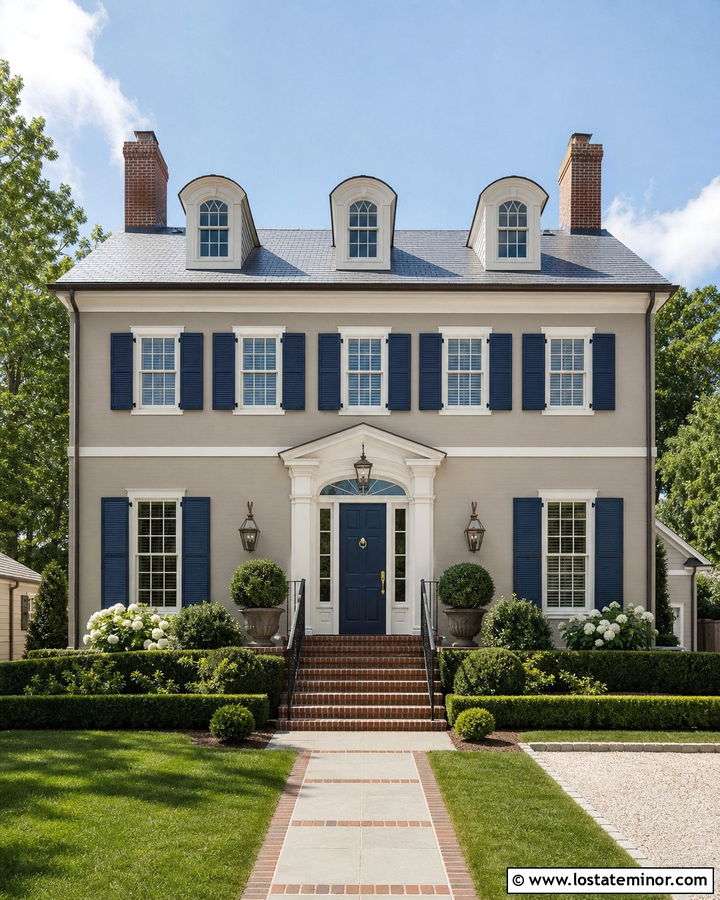Greige House With Deep Blue Shutters - 30 Greige House Design With Shutters Ideas