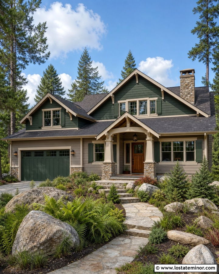 Greige House With Deep Green Gables - 30 Greige House Design With Gables Ideas