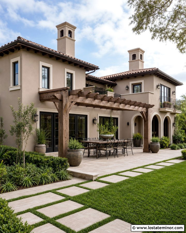 Greige House With Dining Terrace - 30 Greige House Design With Backyard Ideas