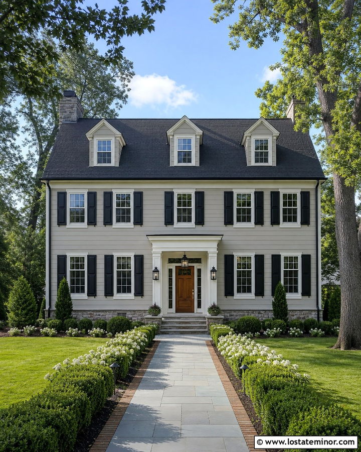 Greige House With Dormers And Black Shutters - 30 Greige House Design With Dormers Ideas