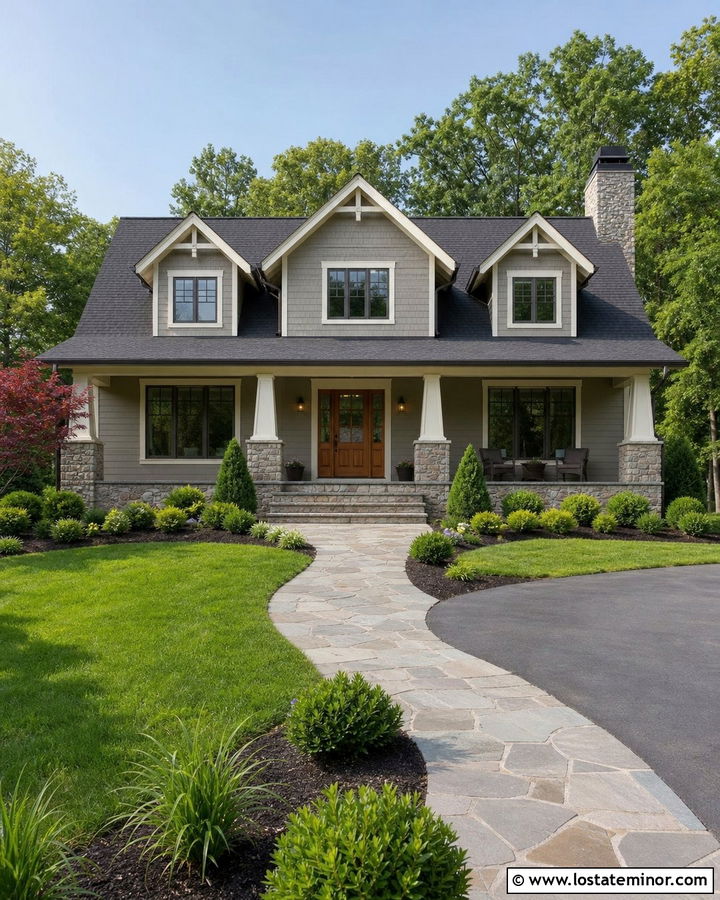Greige House With Dormers And Stone Porch - 30 Greige House Design With Dormers Ideas