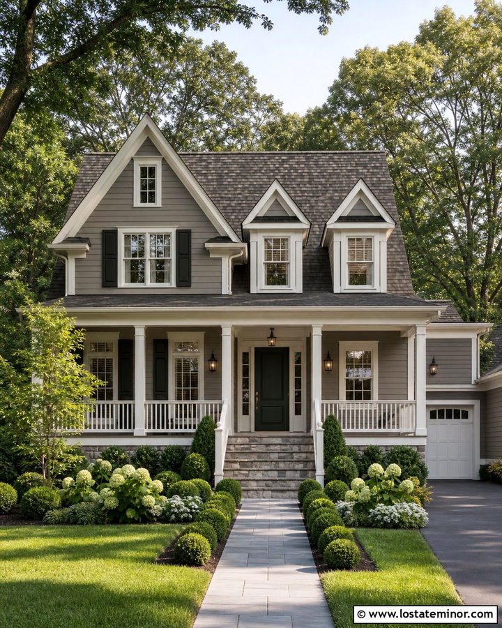 Greige House With Dormers And White Trim - 30 Greige House Design With Dormers Ideas