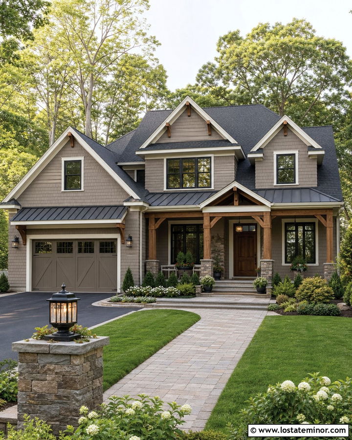 Greige House With Dormers And Wood Front Door - 30 Greige House Design With Dormers Ideas