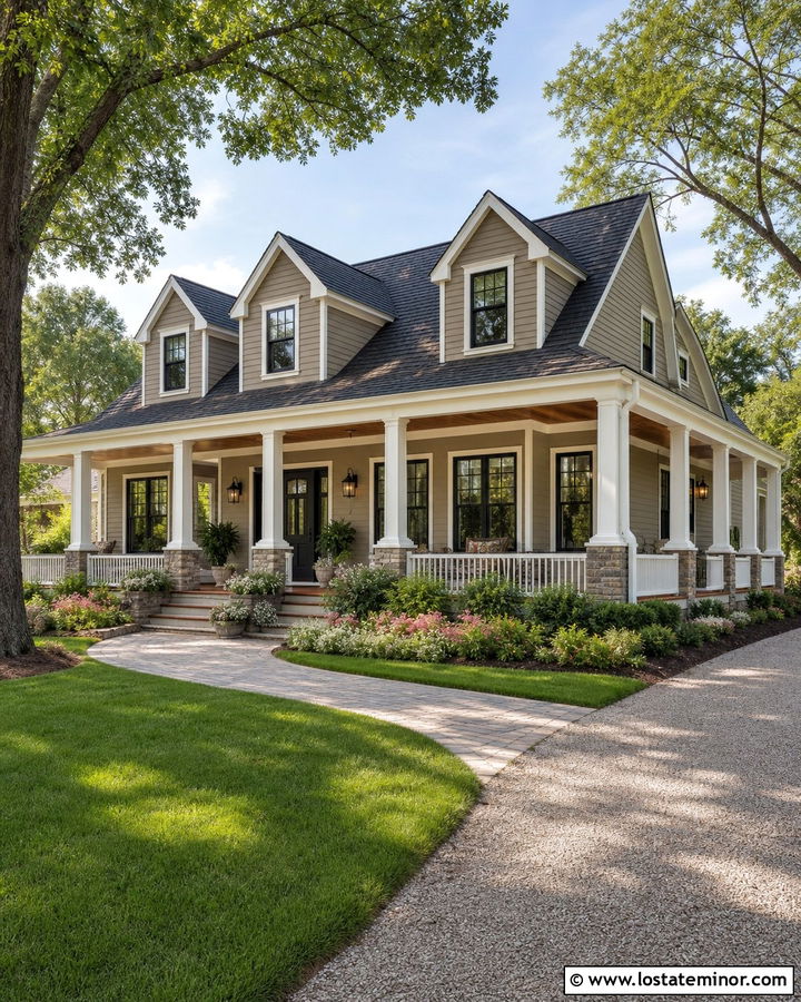 Greige House With Dormers And Wraparound Porch - 30 Greige House Design With Dormers Ideas