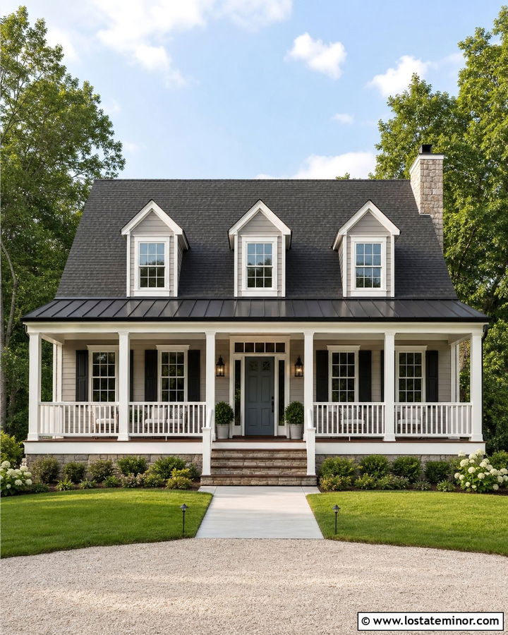 Greige House With Dormers Over The Porch - 30 Greige House Design With Dormers Ideas